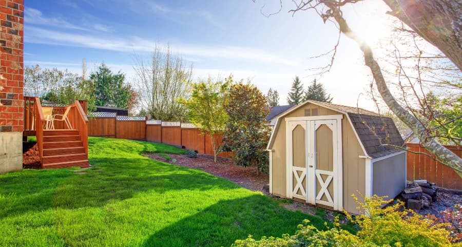 Fenced backyard with storage shed in Fort Worth